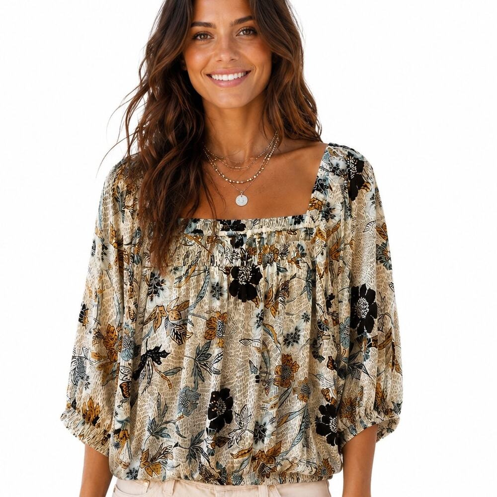 Evereve Adina Top Womens Large Floral Puff Sleeve Off-Shoulder Peasant Milkmaid